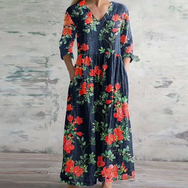 Women's Dress | Patchwork Maxi V Neck Long Sleeve