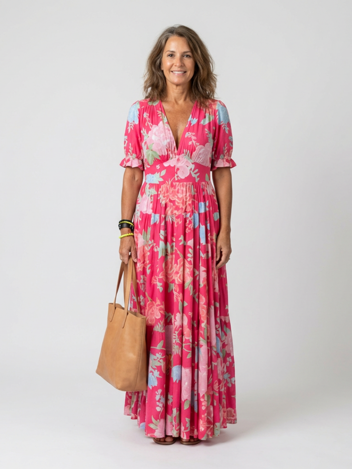Women's Floral Midi Dress | V-Neck Short Sleeve