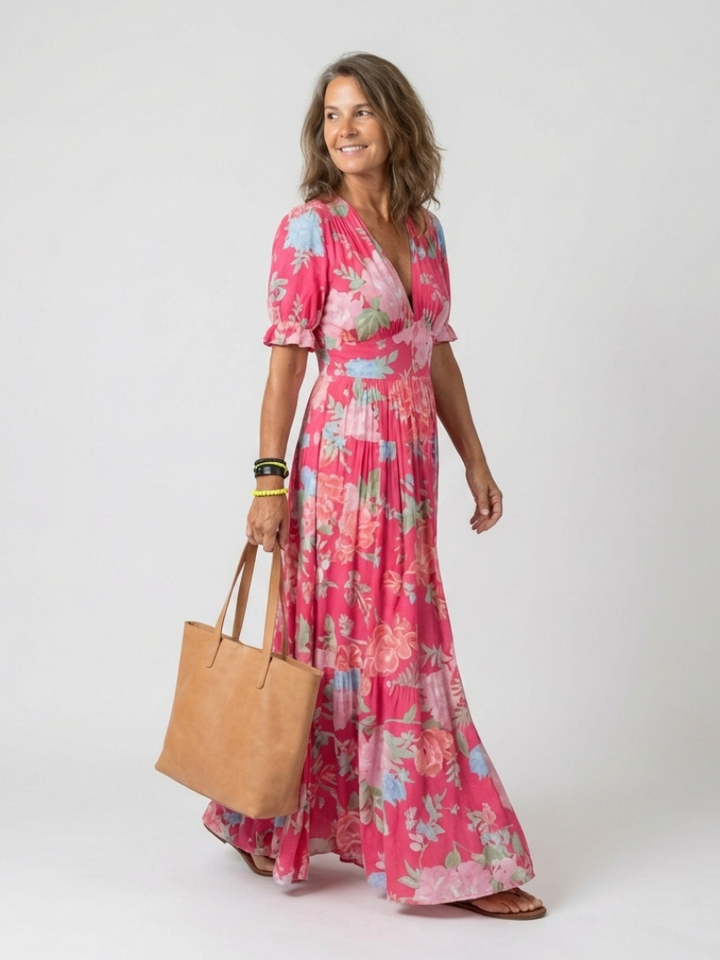 Women's Floral Midi Dress | V-Neck Short Sleeve