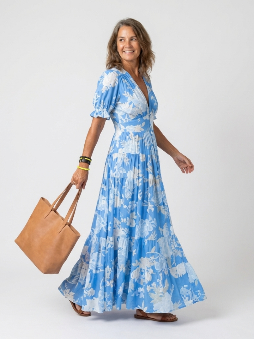 Women's Floral Midi Dress | V-Neck Short Sleeve
