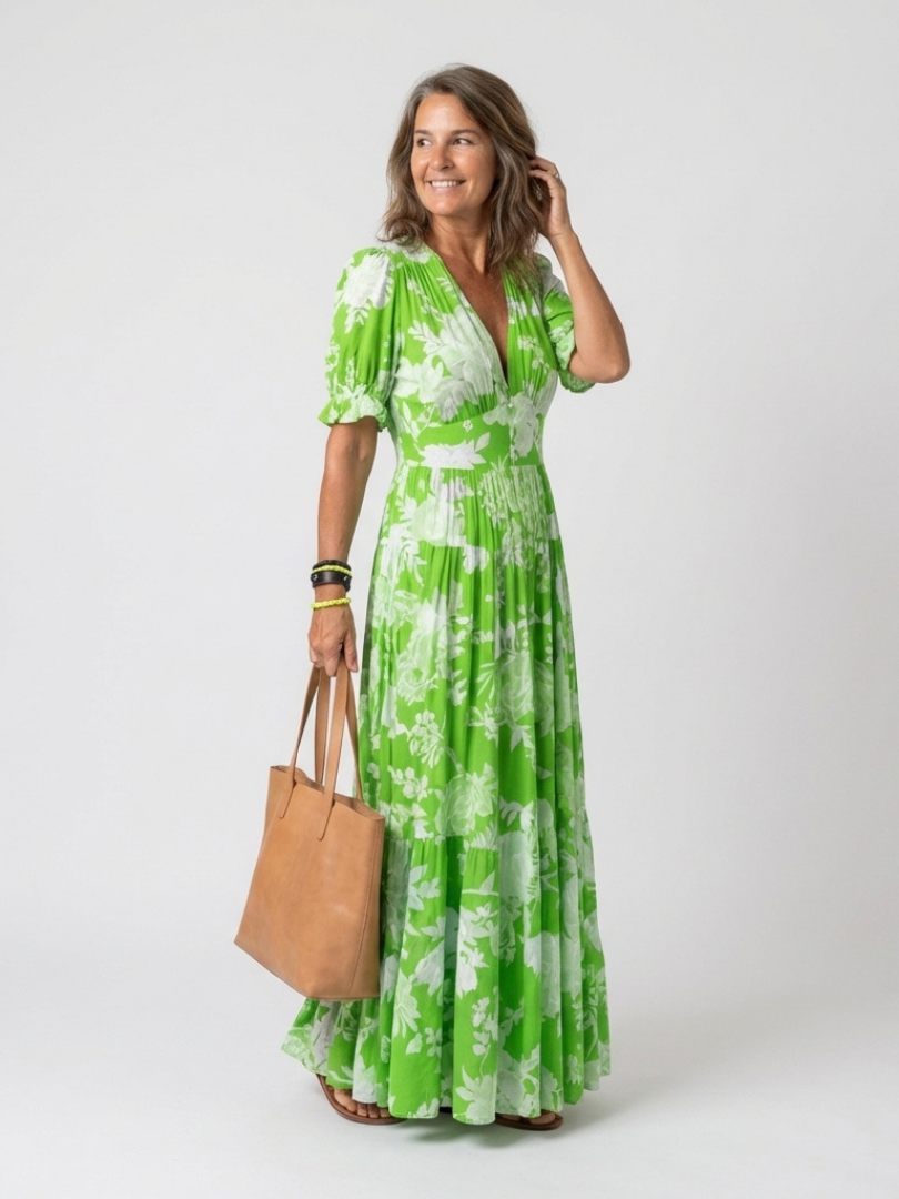 Women's Floral Midi Dress | V-Neck Short Sleeve