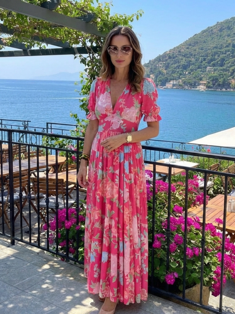 Women's Floral Midi Dress | V-Neck Short Sleeve