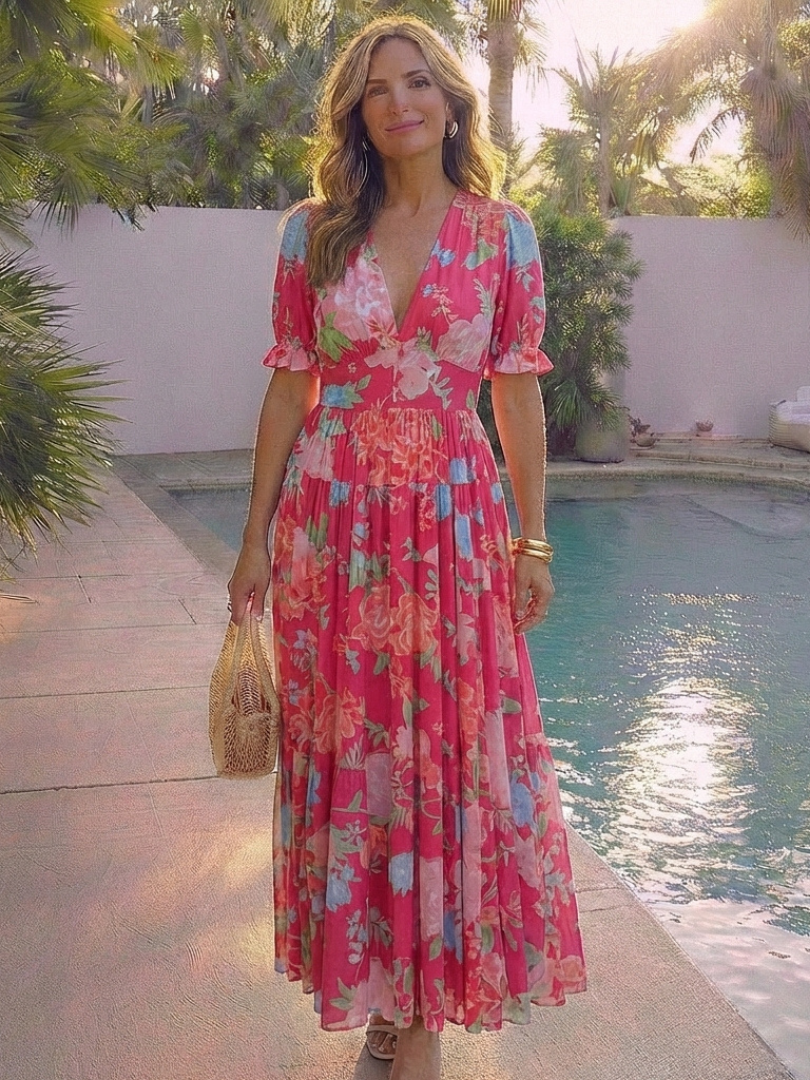 Women's Floral Midi Dress | V-Neck Short Sleeve