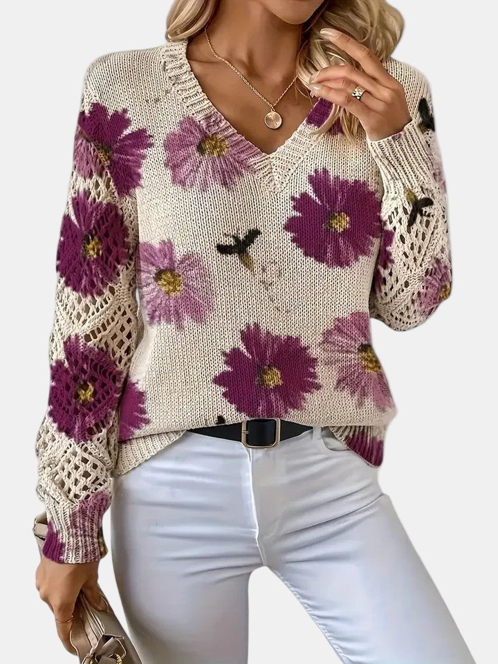 Women's Sweater | Floral Knit V-Neck