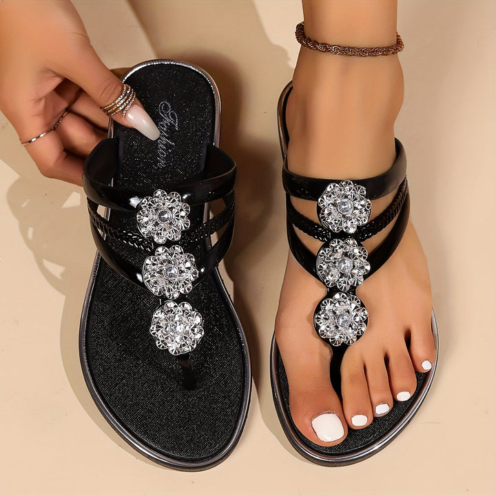 Sandals For Women | Rhinestone T-Strap Flat Sandals