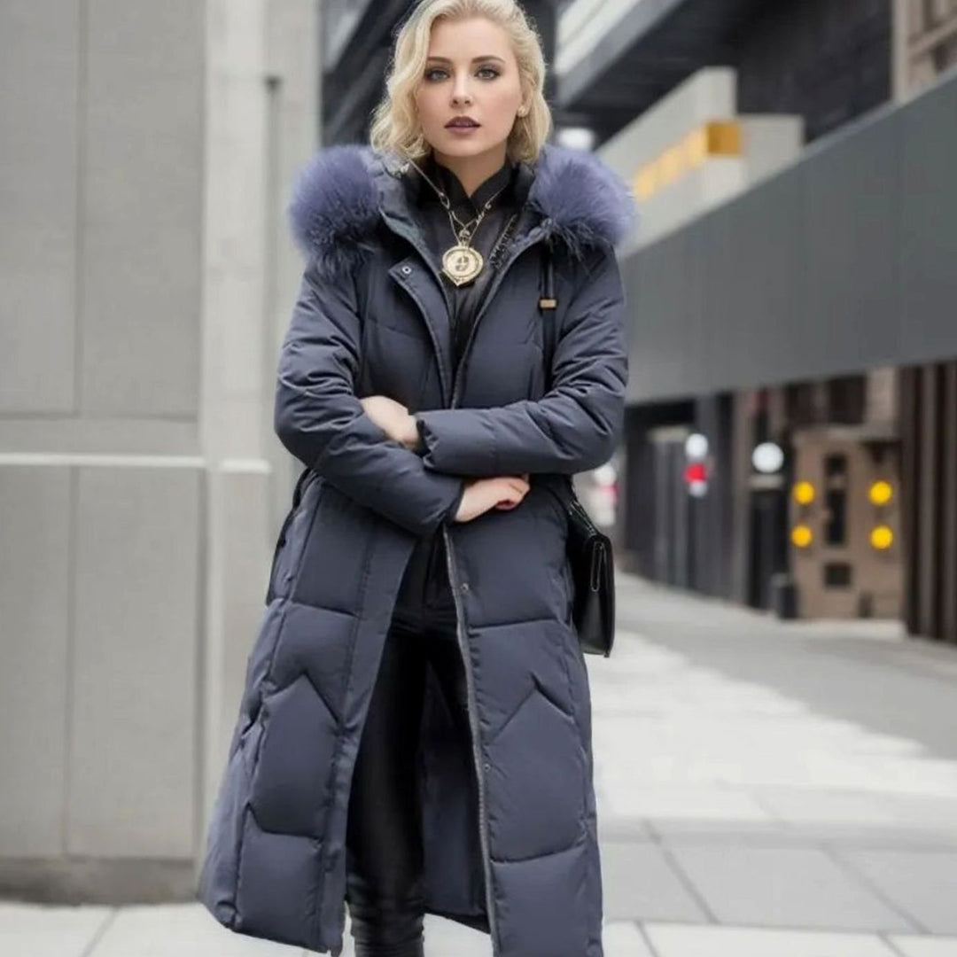 Eliza | Women's Long Hooded Faux Fur Trim Quilted Coat