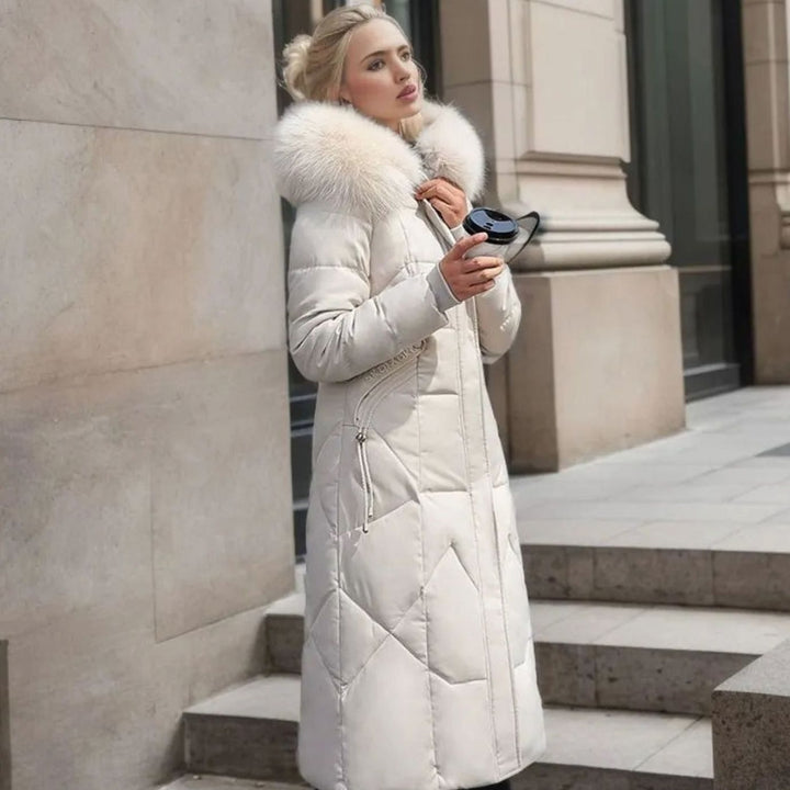 Eliza | Women's Long Hooded Faux Fur Trim Quilted Coat