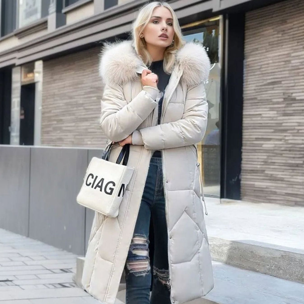 Eliza | Women's Long Hooded Faux Fur Trim Quilted Coat