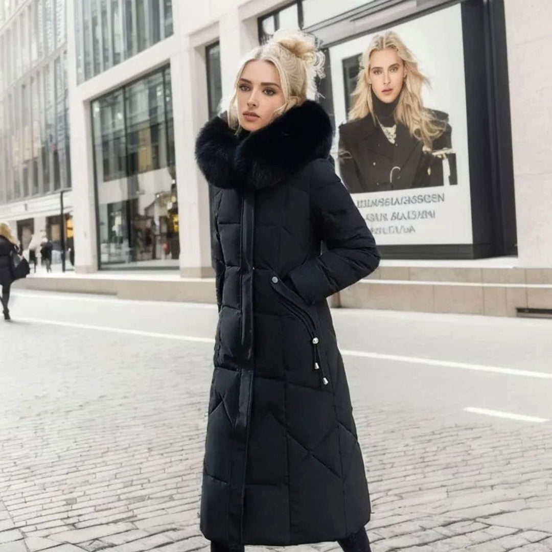 Eliza | Women's Long Hooded Faux Fur Trim Quilted Coat