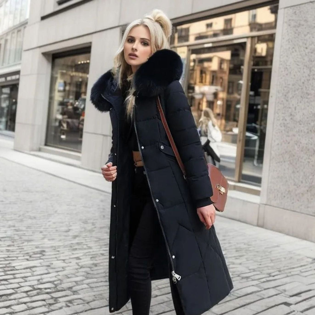 Eliza | Women's Long Hooded Faux Fur Trim Quilted Coat