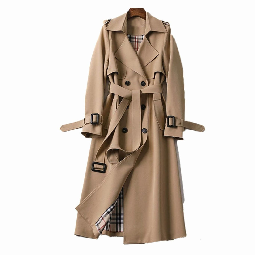 Eva | Women's Double-Breasted Belted Long Trench Coat Plaid-Lined