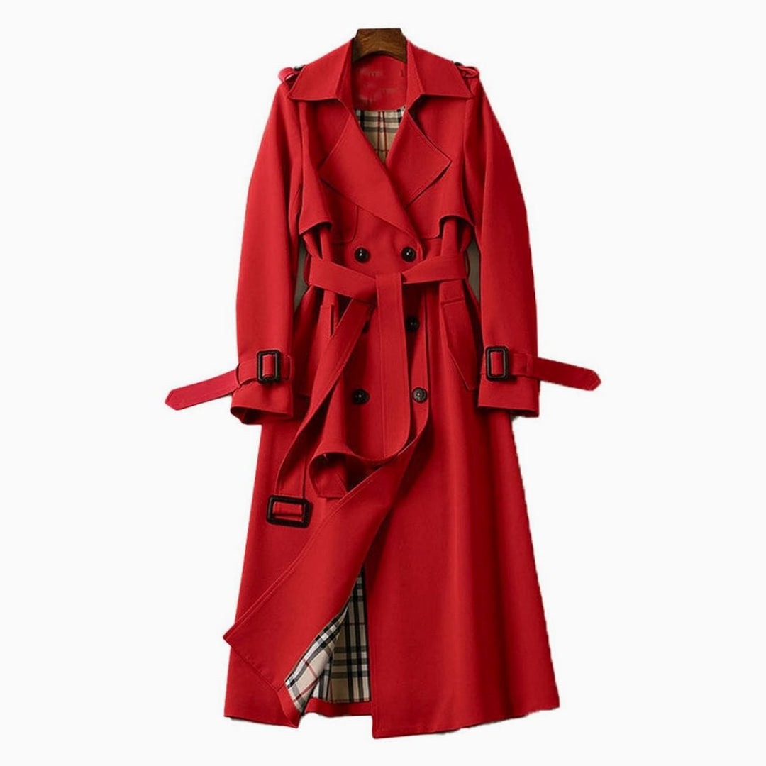 Eva | Women's Double-Breasted Belted Long Trench Coat Plaid-Lined