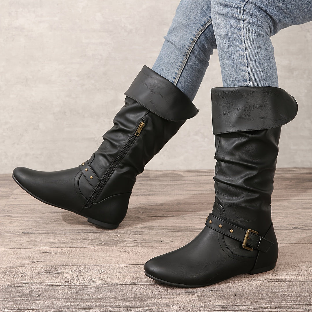 Boots For Women | Flat Heel Knee High With Buckle Detail