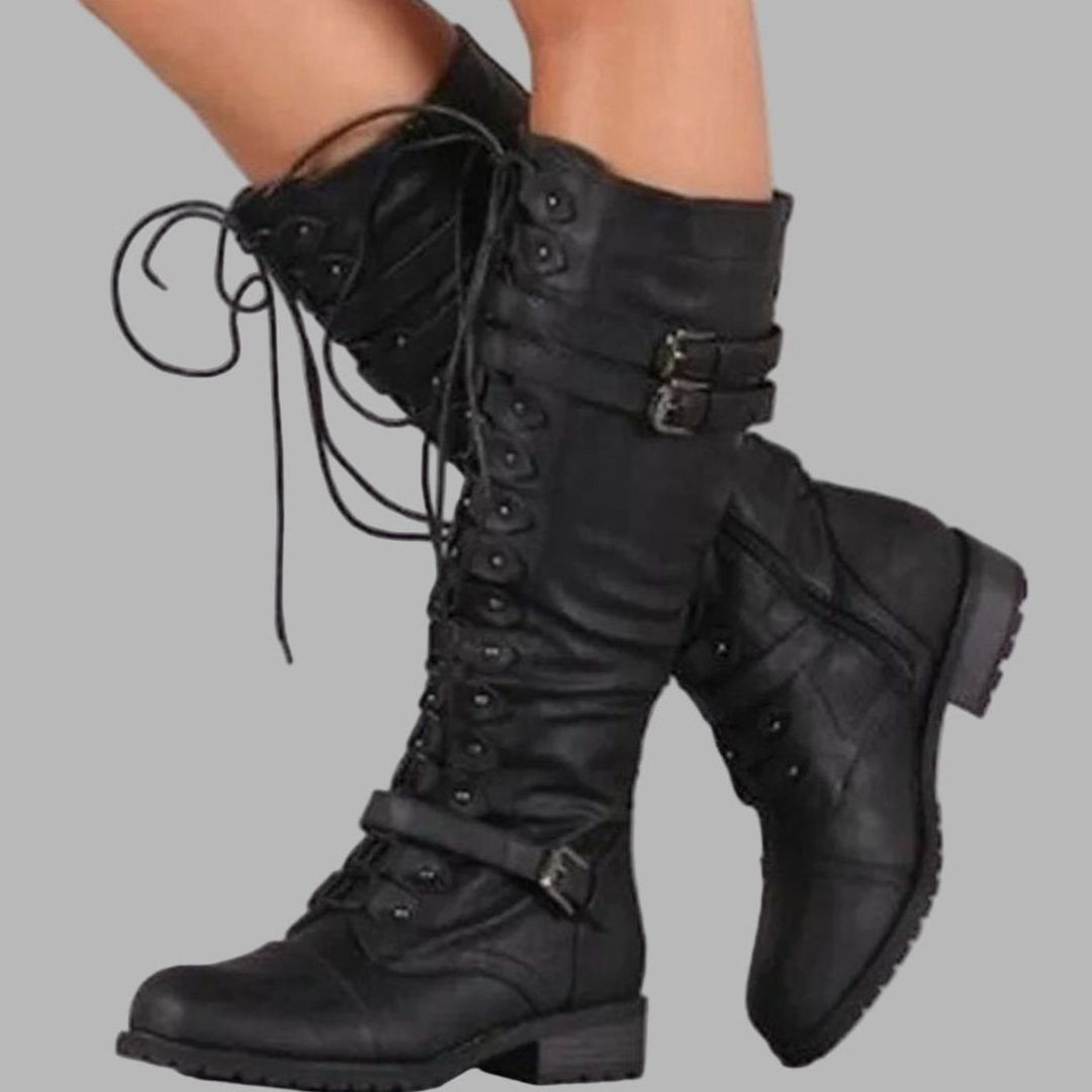 Faith | Women's Knee-High Lace-Up Buckle Strap Combat Boots