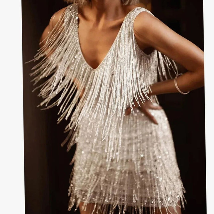 Fallon | Women's A-Line Sequin Fringe Sleeveless Cocktail Dress