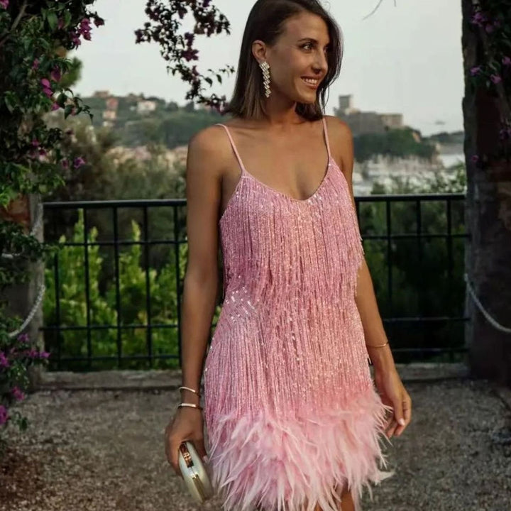 Faye | Women's Sequin Fringe Feather Trim Spaghetti Strap Cocktail Dress