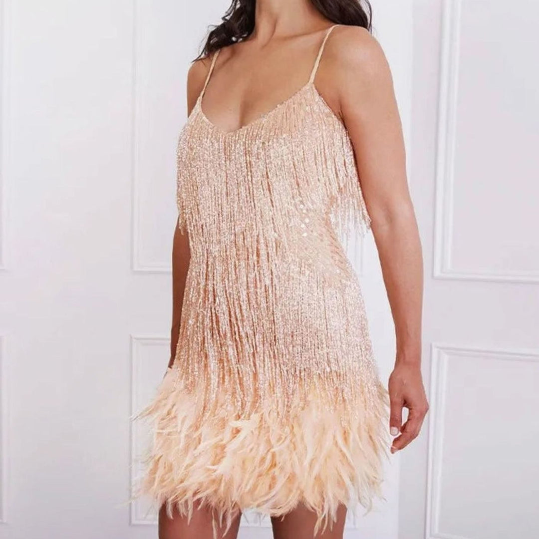 Faye | Women's Sequin Fringe Feather Trim Spaghetti Strap Cocktail Dress