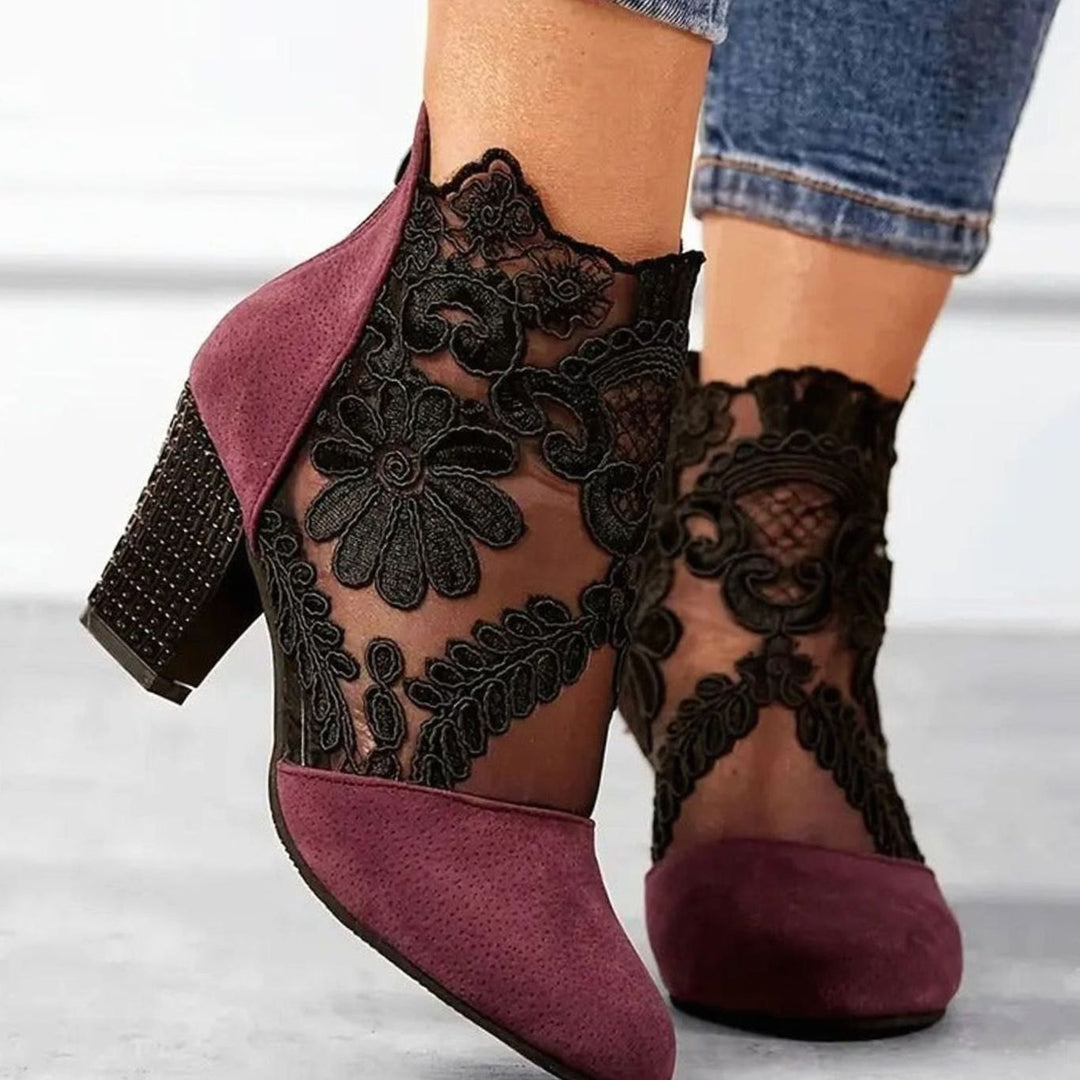 Fiona | Women's Floral Lace Ankle Booties Block Heels