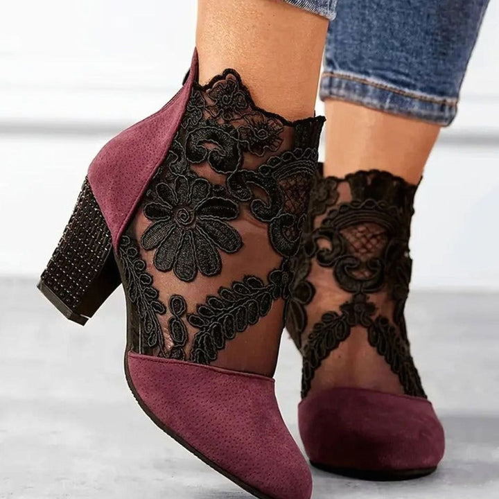 Fiona | Women's Floral Lace Ankle Booties Block Heels