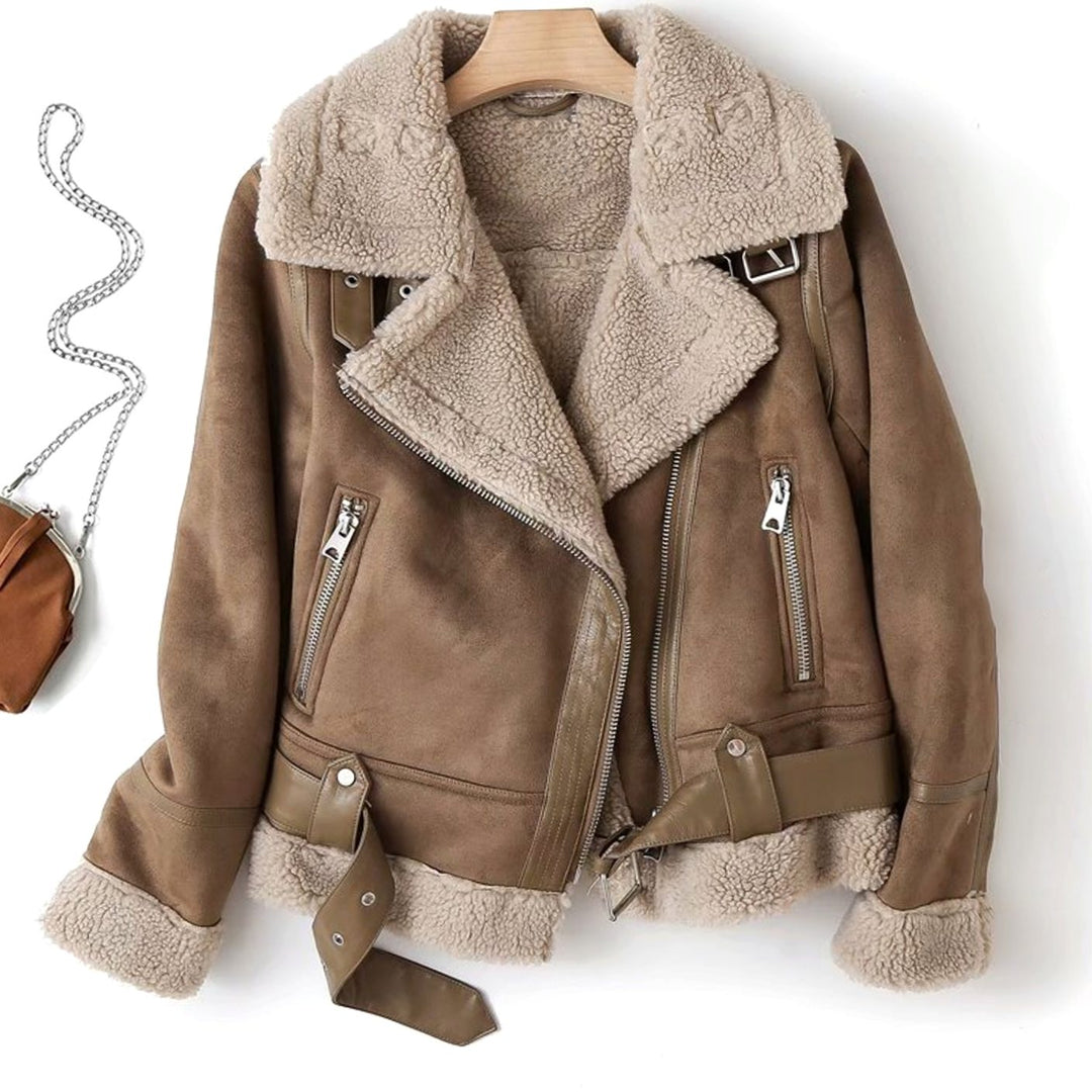 Gabrielle | Women's Shearling-Lined Cropped Belted Moto Jacket