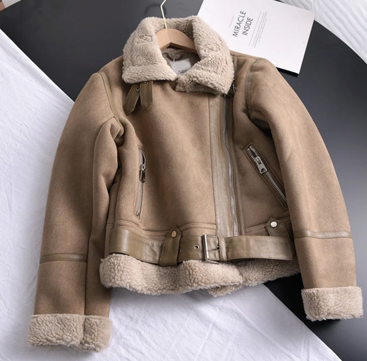 Gabrielle | Women's Shearling-Lined Cropped Belted Moto Jacket