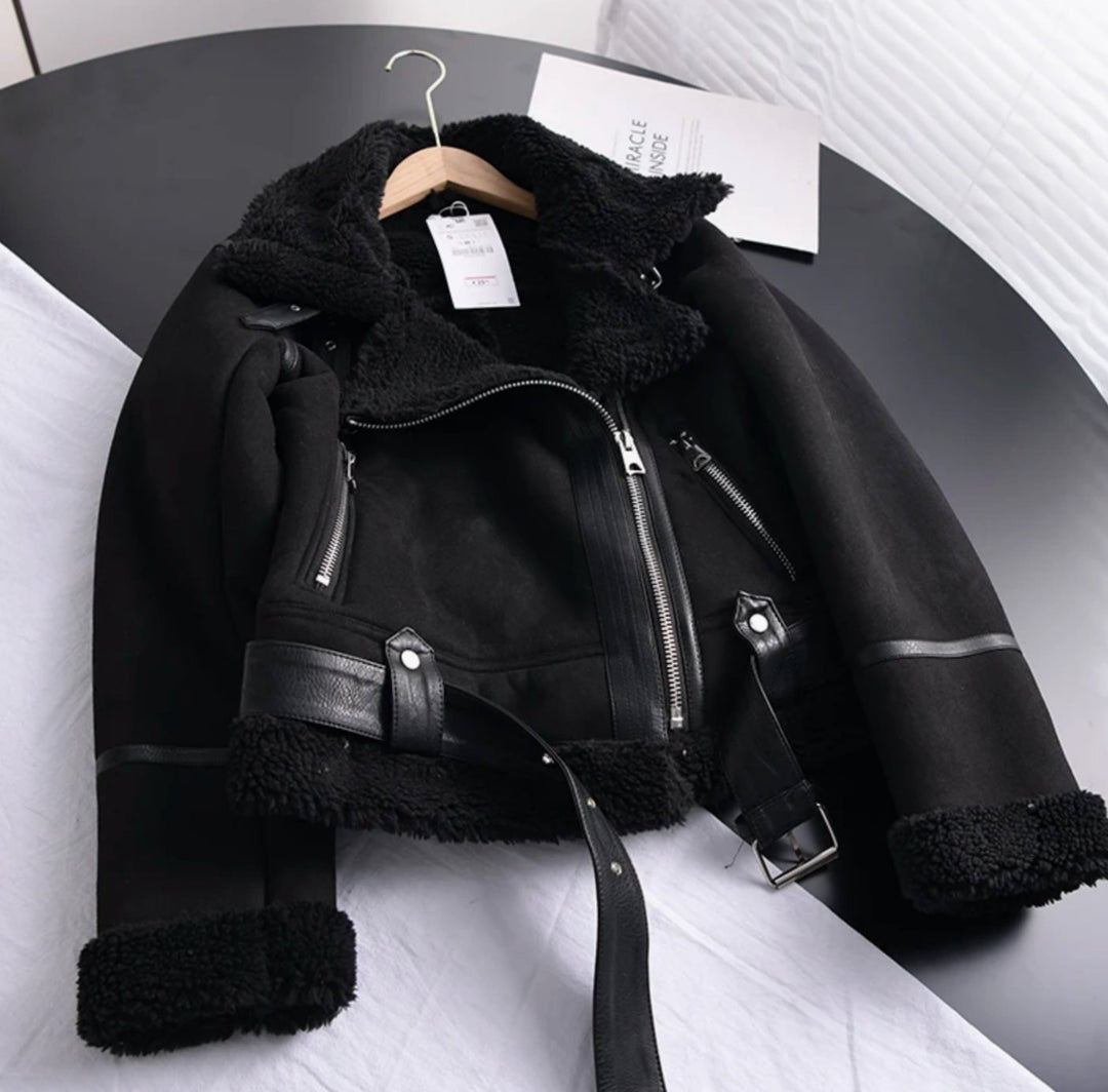 Gabrielle | Women's Shearling-Lined Cropped Belted Moto Jacket