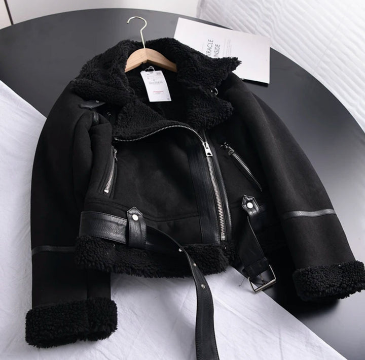 Gabrielle | Women's Shearling-Lined Cropped Belted Moto Jacket