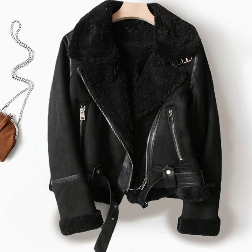 Gabrielle | Women's Shearling-Lined Cropped Belted Moto Jacket