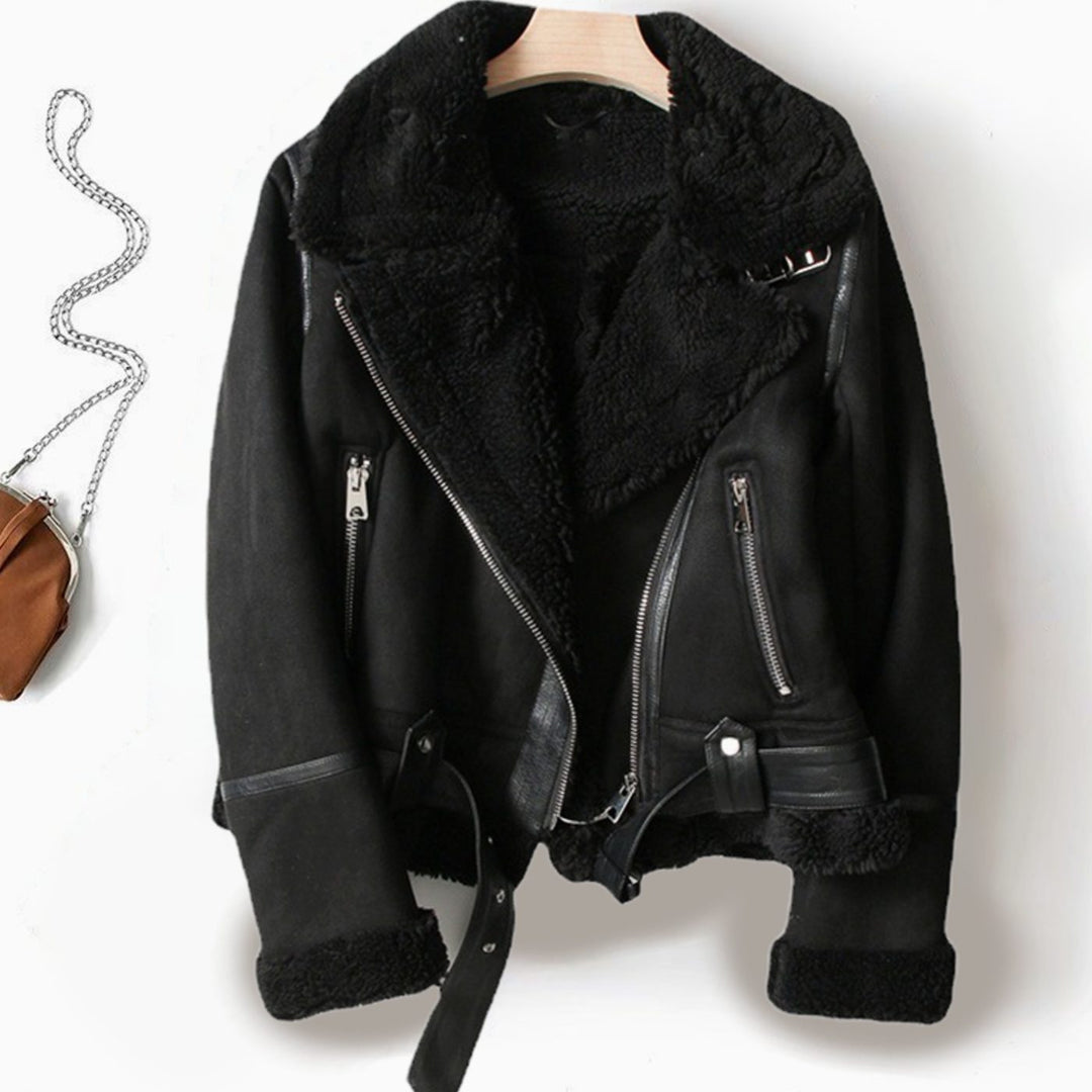 Gabrielle | Women's Shearling-Lined Cropped Belted Moto Jacket