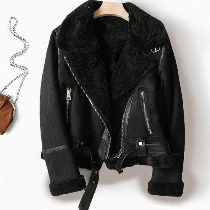 Gabrielle | Women's Shearling-Lined Cropped Belted Moto Jacket