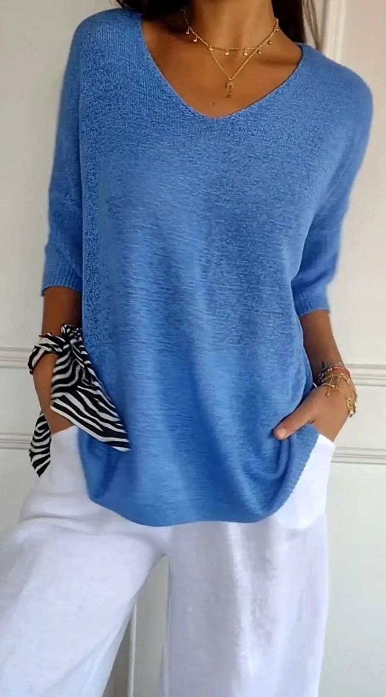 Hazel | Women's Longline Loose Fit V-Neck Knit Tunic Top