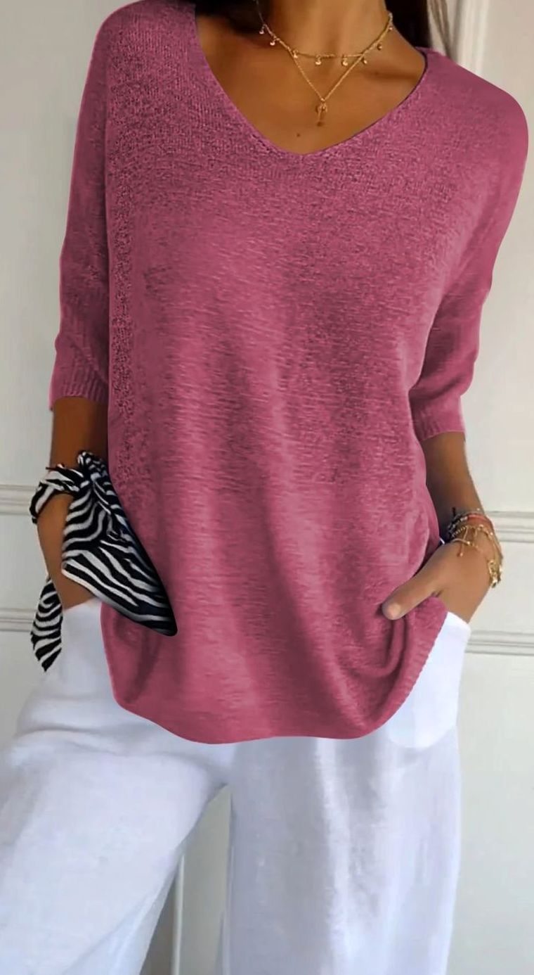 Hazel | Women's Longline Loose Fit V-Neck Knit Tunic Top