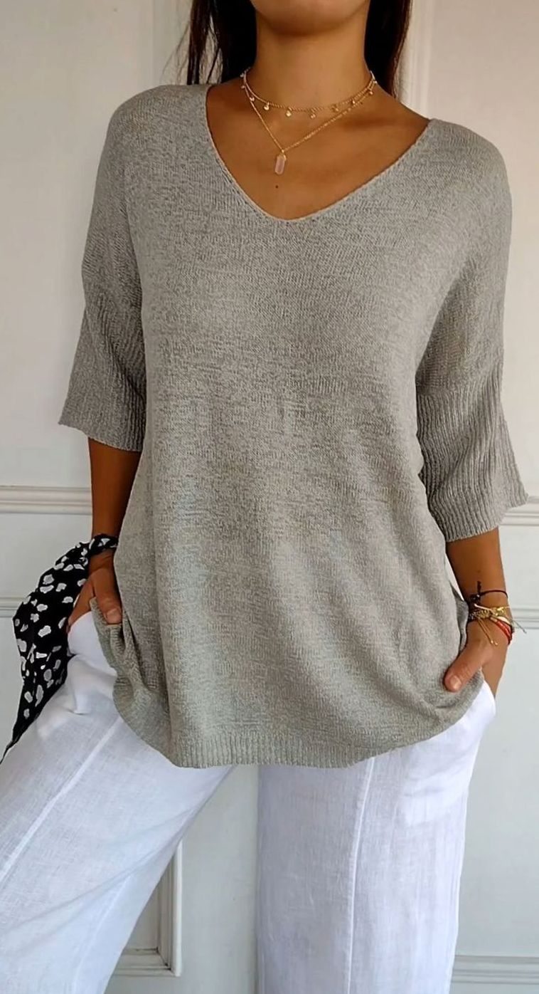 Hazel | Women's Longline Loose Fit V-Neck Knit Tunic Top