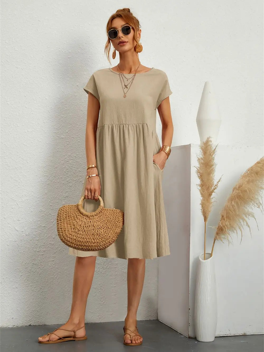 Women's Casual Dress | Short Sleeve Midi with Side Pockets