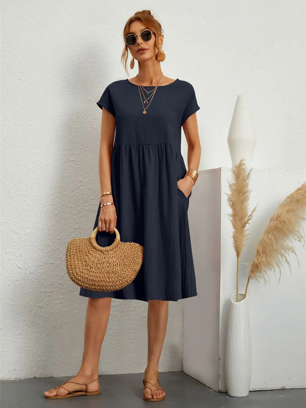 Women's Casual Dress | Short Sleeve Midi with Side Pockets