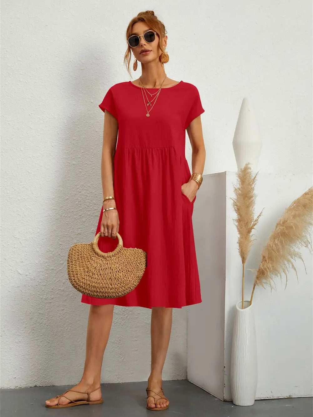 Women's Casual Dress | Short Sleeve Midi with Side Pockets