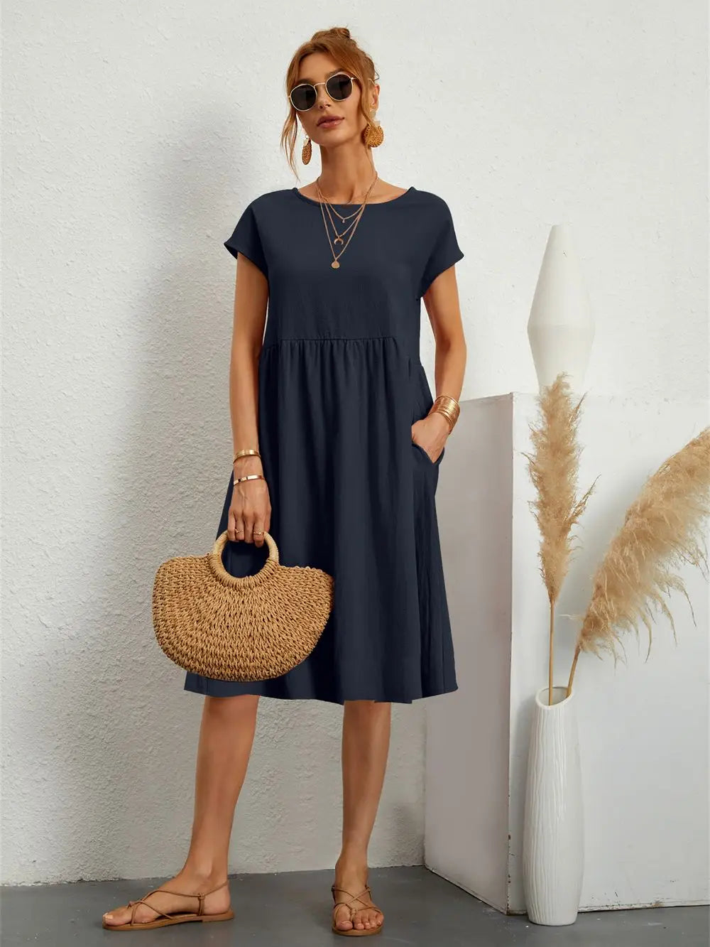 Women's Casual Dress | Short Sleeve Midi with Side Pockets
