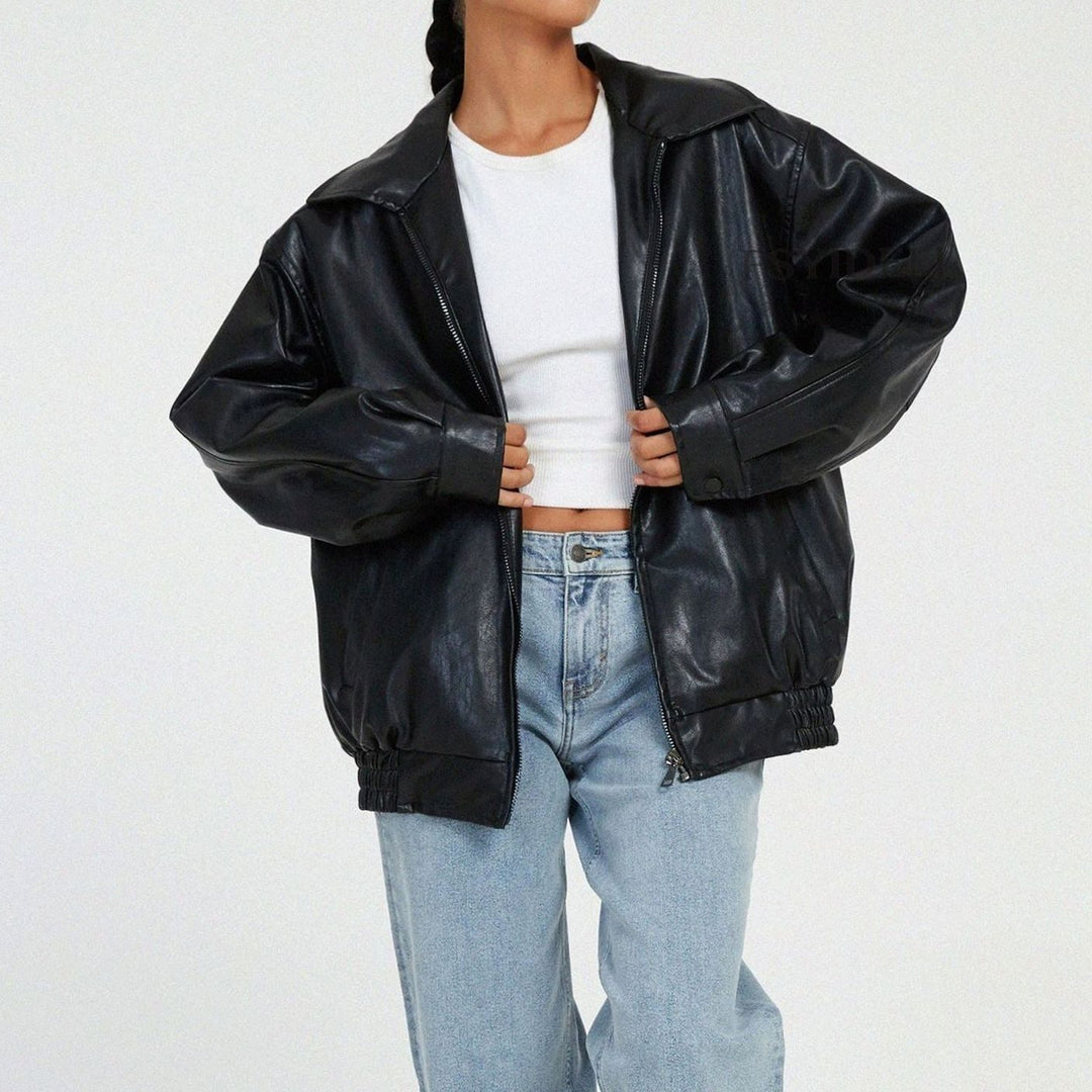Jade | Women's Oversized Faux Leather Zip-Up Trendy Jacket