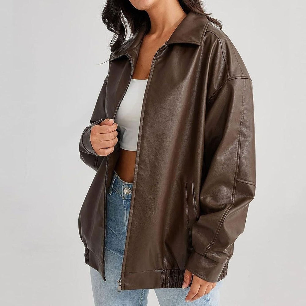 Jade | Women's Oversized Faux Leather Zip-Up Trendy Jacket