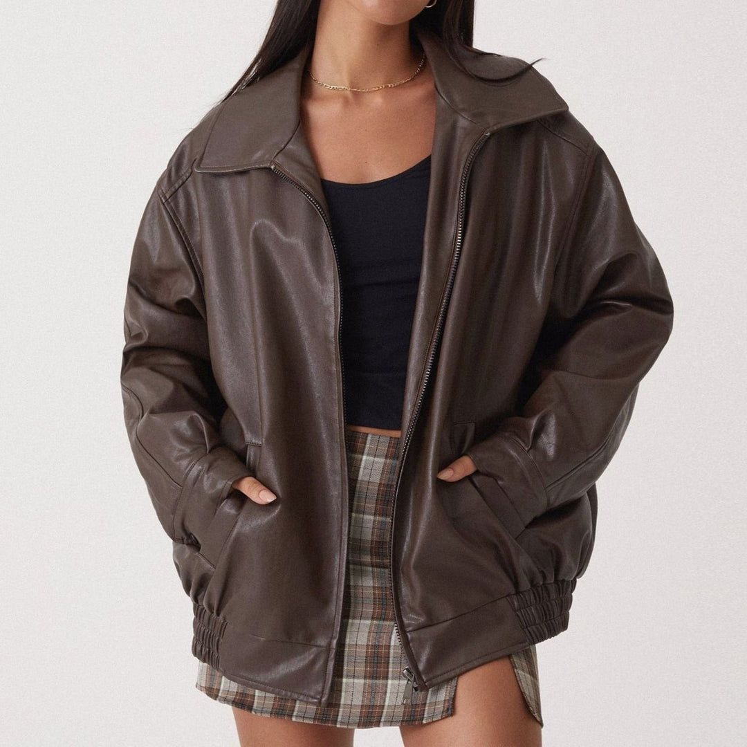 Jade | Women's Oversized Faux Leather Zip-Up Trendy Jacket