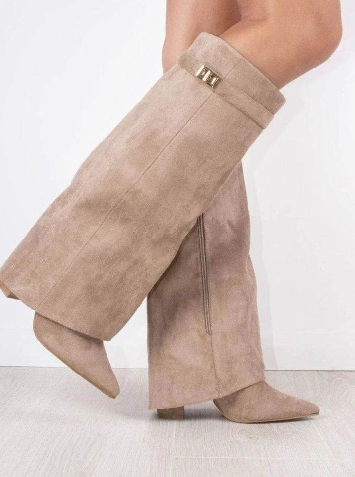 Jane | Women's Suede Knee-High Fold-Over Buckle Thigh-High Boots