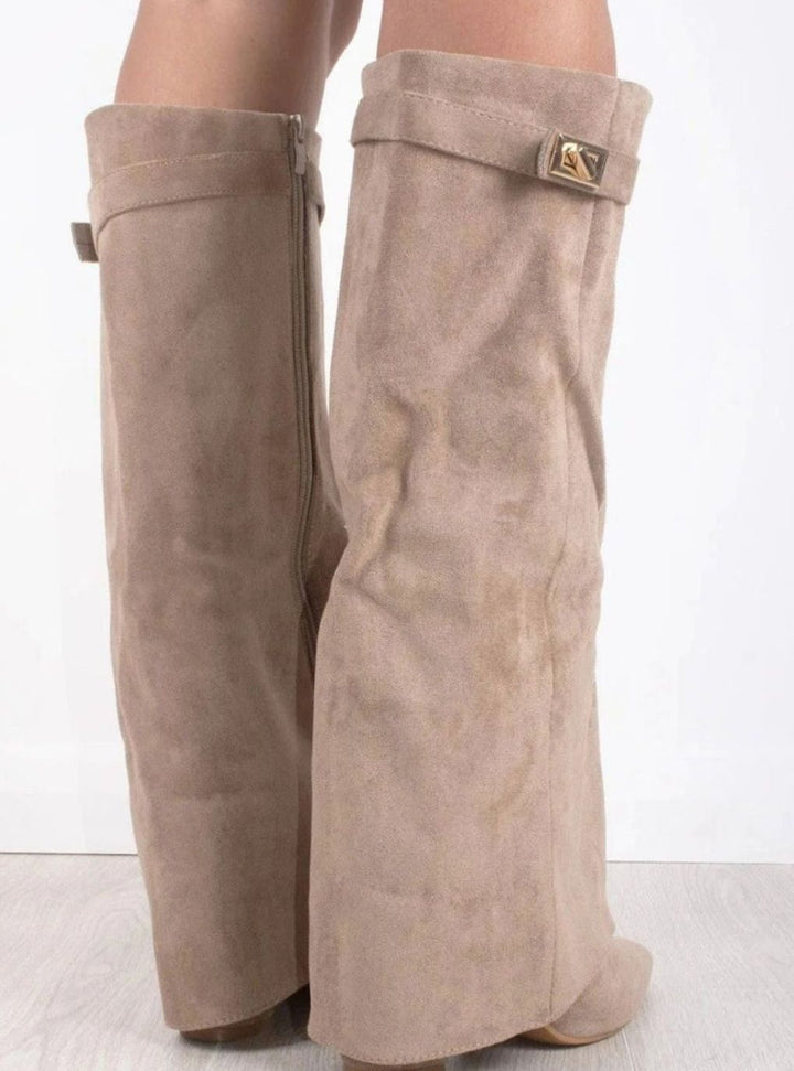 Jane | Women's Suede Knee-High Fold-Over Buckle Thigh-High Boots