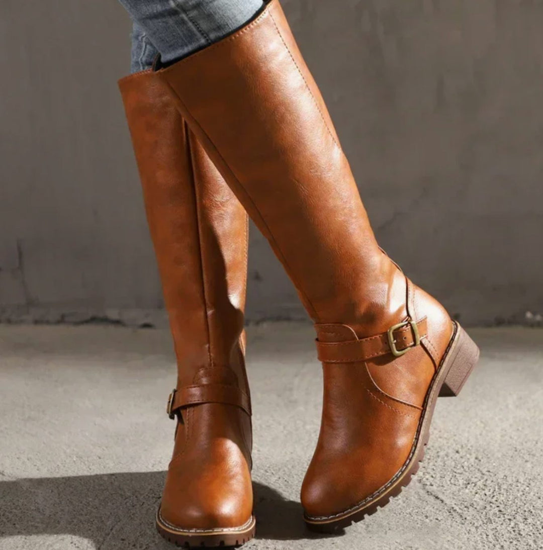 Jasmine | Women's Knee-High Block-Heel Buckle Strap Leather Boots