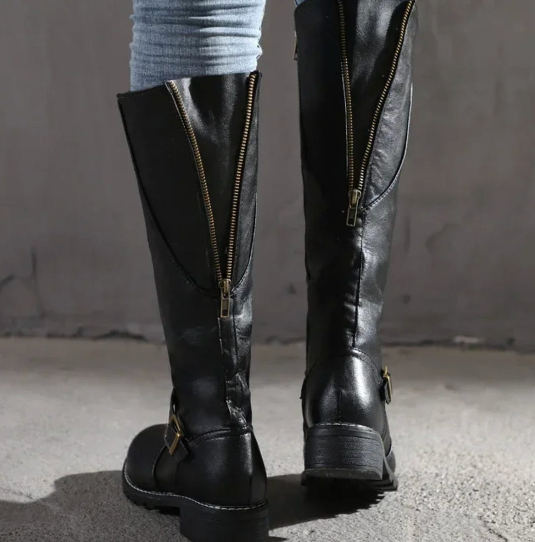 Jasmine | Women's Knee-High Block-Heel Buckle Strap Leather Boots