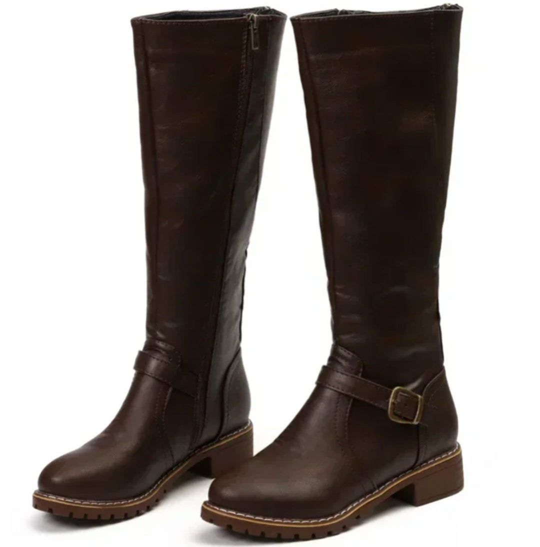 Jasmine | Women's Knee-High Block-Heel Buckle Strap Leather Boots