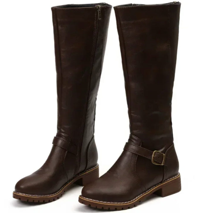Jasmine | Women's Knee-High Block-Heel Buckle Strap Leather Boots
