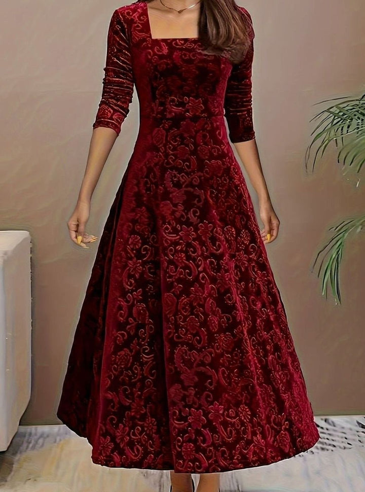 Jessica | Women's Square Neck Velvet Floral Embossed Party Dress