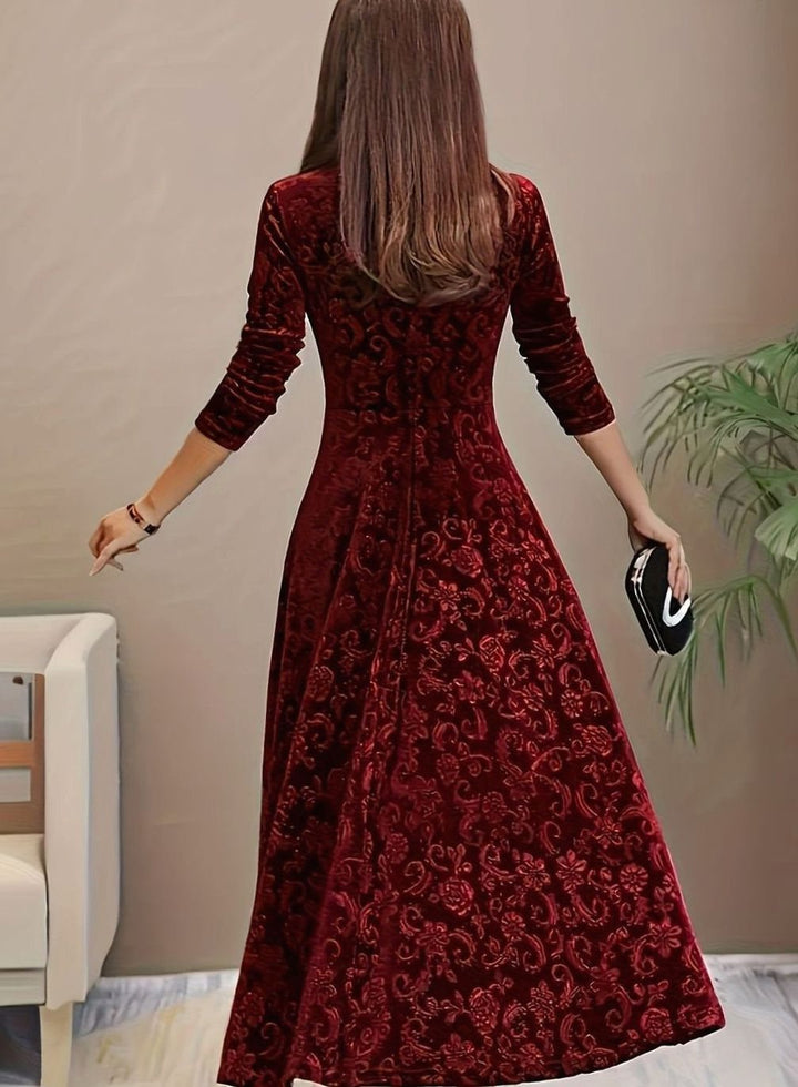 Jessica | Women's Square Neck Velvet Floral Embossed Party Dress