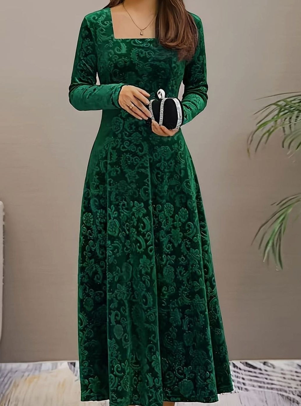 Jessica | Women's Square Neck Velvet Floral Embossed Party Dress