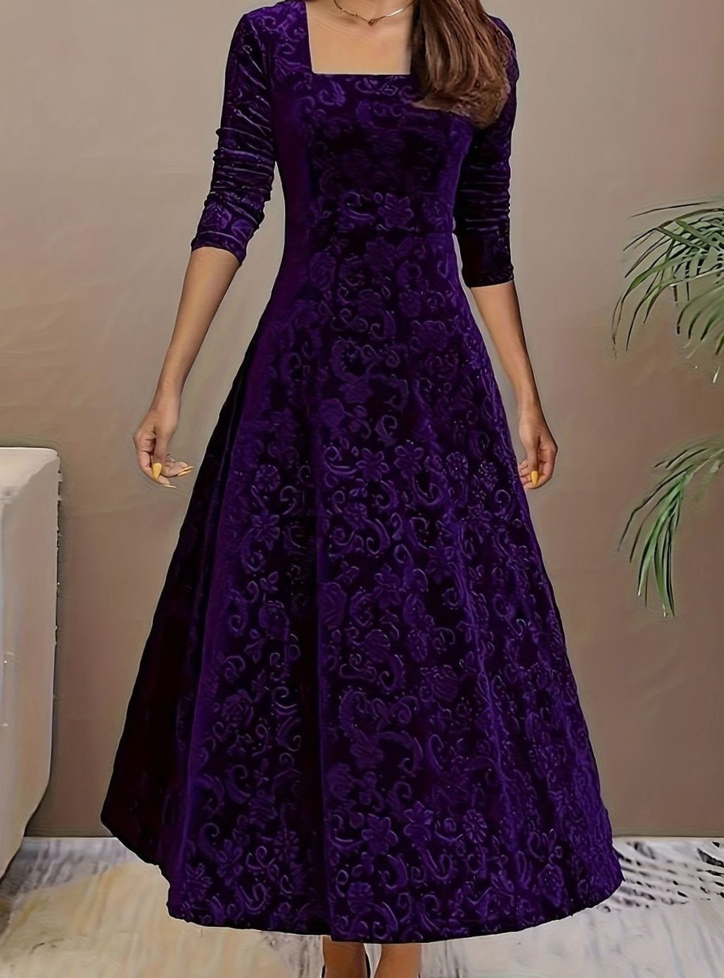 Jessica | Women's Square Neck Velvet Floral Embossed Party Dress